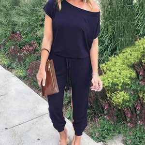 56806dbc3345f0870b2c9cff0974985a1276e3c80b0747bfd234456c25296199.jpg Women's Off Shoulder Elastic Waist Stretchy Jumpsuit