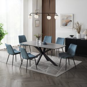 Verona Grey 150cm Ceramic Dining Table & 6 Girona Chairs, Blue Velvet Chair
