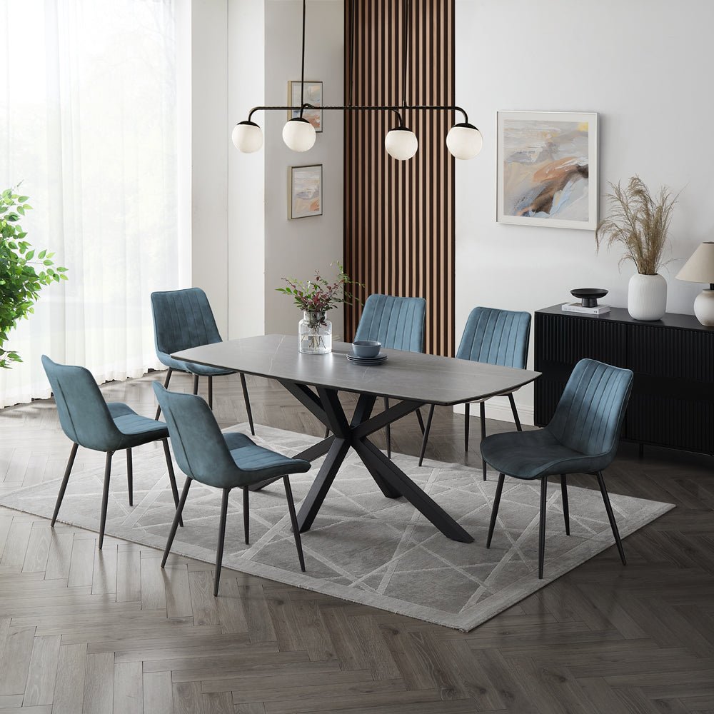 Verona Grey 150cm Ceramic Dining Table & 6 Girona Chairs, Blue Velvet Chair