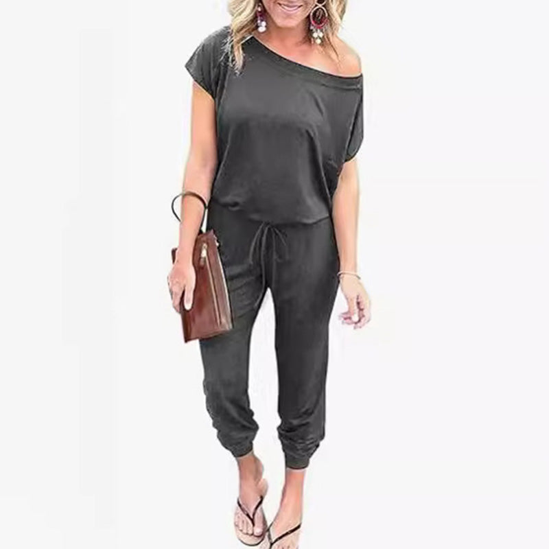 Women's Off Shoulder Elastic Waist Stretchy Jumpsuit - Image 2