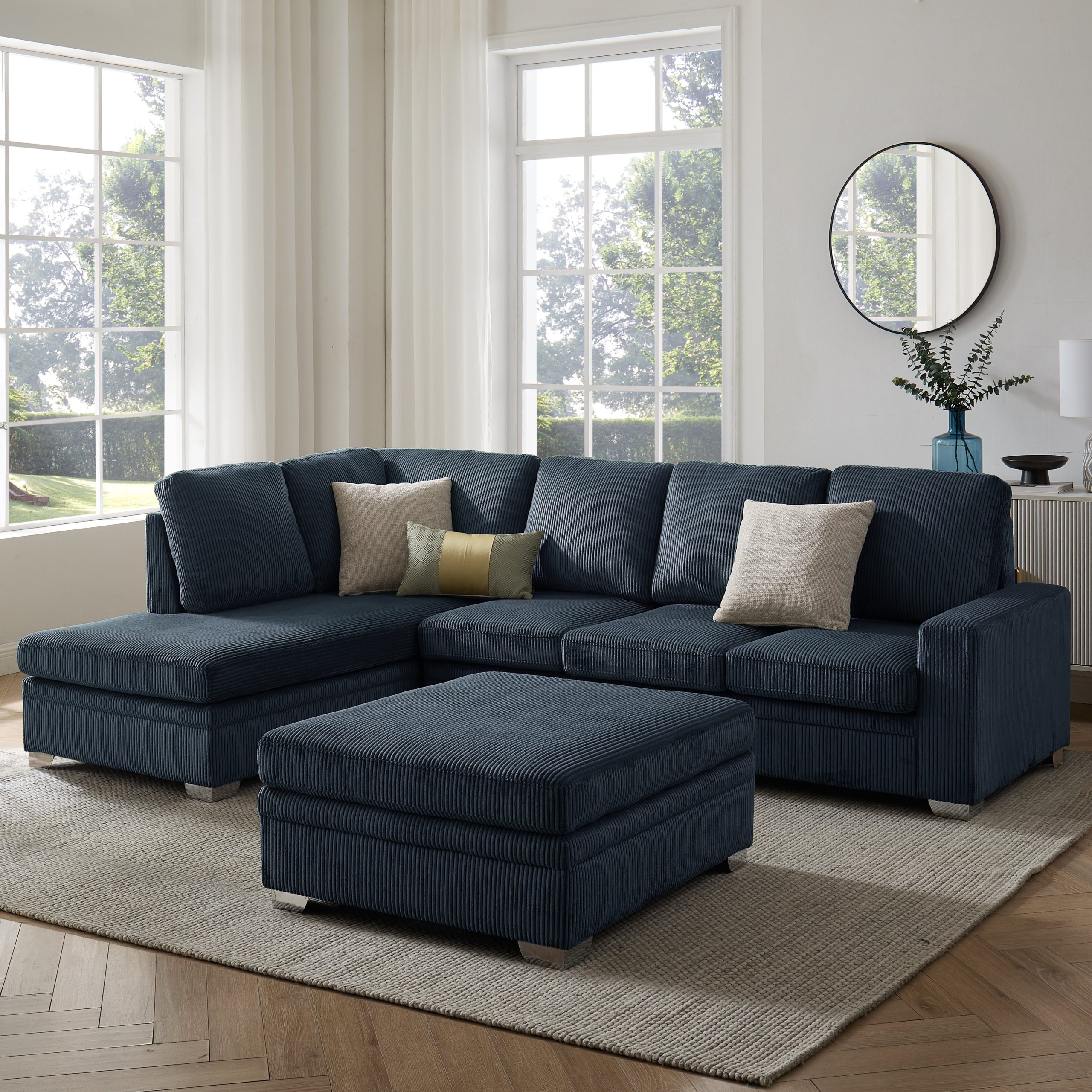 Alcott Left-Hand Corner Sofa With Footstool, Dark Blue Jumbo Cord